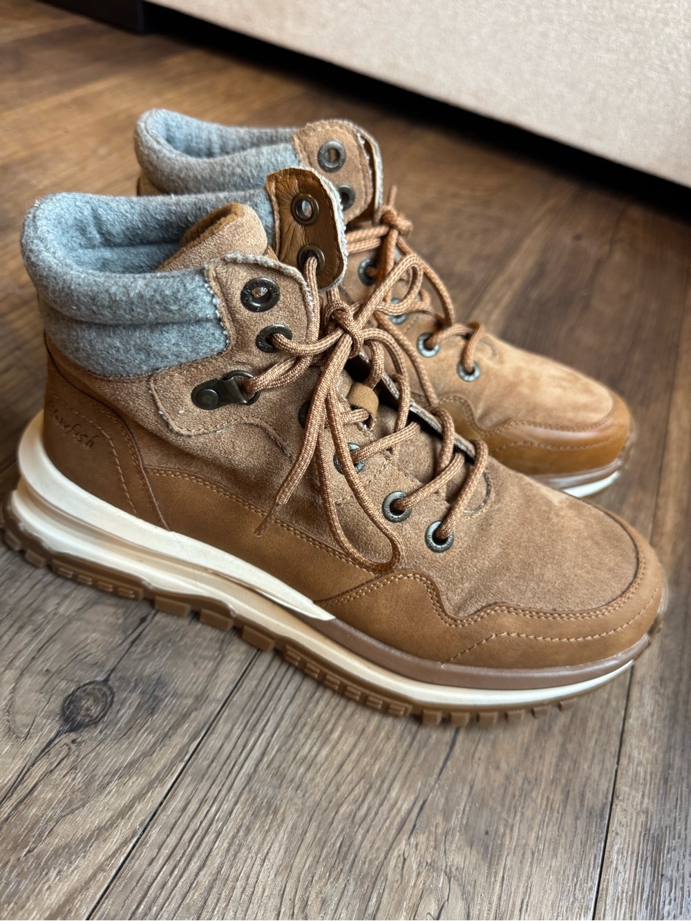 Women’s Tan Suede Lace-Up Boots with Gray Padded Collar